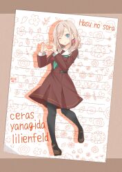 1girl aqua_neckerchief black_pantyhose blue_eyes border brown_border brown_dress brown_shoes ceras_yanagida_lilienfeld character_name commentary_request dress drop_shadow full_body grey_hair hair_ribbon hasu_no_sora_school_uniform highres lined_paper link!_like!_love_live! long_hair long_sleeves looking_at_viewer love_live! mary_janes matsurugi_tsukasa neckerchief pantyhose pink_ribbon pleated_dress ribbon sailor_collar sailor_dress school_uniform shoes solo virtual_youtuber white_sailor_collar winter_uniform