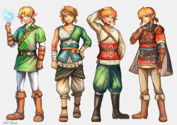 4boys asymmetrical_sleeves baggy_pants bandaged_arm bandages belt black_boots black_cape blonde_hair blue_eyes boots brown_boots brown_gloves cape collarbone earrings fairy fingerless_gloves full_body gloves green_pants green_sleeves green_tunic hand_on_own_hip highres jewelry knee_boots la-sera layered_sleeves leather leather_gloves link long_sleeves looking_at_viewer male_focus multiple_boys multiple_persona navi nintendo official_alternate_costume pants pointy_ears red_sash red_sleeves red_tunic sandals sash shirt short_over_long_sleeves short_sleeves shoulder_belt sleeveless sleeveless_shirt smile the_legend_of_zelda the_legend_of_zelda:_breath_of_the_wild the_legend_of_zelda:_ocarina_of_time the_legend_of_zelda:_skyward_sword the_legend_of_zelda:_twilight_princess tunic white_pants white_shirt white_sleeves