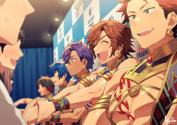 Rule 34 | 1girl, 6+boys, black hair, blue hair, blush, brown hair, chain, closed eyes, curtains, earrings, ensemble stars!, green eyes, handshake, jewelry, kiri futoshi, kiryu kuro, male focus, meeting, mikejima madara, multiple boys, nagumo tetora, open mouth, otogari adonis, pectorals, purple hair, red hair, sazanami jun, short hair, smile