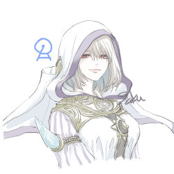 1girl cropped_torso final_fantasy final_fantasy_xiv highres hood hood_up looking_at_viewer nymeia red_eyes saku_ff11 short_hair signature simple_background smile solo upper_body white_background white_hair