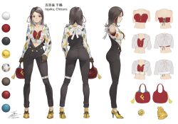 Rule 34 | ass, bag, belt, breasts, brown gloves, brown hair, bustier, reference sheet, choker, collarbone, crop top, cropped jacket, english text, fadingz, formal clothes, from behind, from side, gloves, handbag, high heels, highres, jacket, large breasts, layered clothes, legs, legs apart, long legs, looking at viewer, multicolored hair, multiple views, navel, office lady, open clothes, open shirt, original, pant suit, pants, red eyes, simple background, standing, streaked hair, suit, thigh strap, white background, white belt, white choker, white jacket, wide hips
