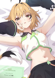 1girl armpits arms_up bed_sheet black_hair black_skirt black_sleeves blonde_hair breasts chahanramen commentary cosplay cropped_shirt detached_sleeves dooby_(vtuber) green_eyes green_neckerchief hatsune_miku hatsune_miku_(cosplay) highres indie_virtual_youtuber kippu_(dooby) looking_at_viewer lying midriff mouse_girl mouse_tail multicolored_hair navel neckerchief on_back pleated_skirt shirt short_hair skirt sleeveless sleeveless_shirt small_breasts solo streaked_hair tail thick_eyebrows undone_neckerchief virtual_youtuber vocaloid white_shirt wide_sleeves