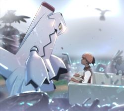 1boy aged_down black_hair blurry collared_shirt commentary corviknight corvisquire dark-skinned_male dark_skin duraludon earrings gen_8_pokemon industrial_pipe jewelry looking_up male_focus mikripkm nintendo orange_headwear outdoors pokemon pokemon_(creature) pokemon_swsh raihan_(pokemon) shirt