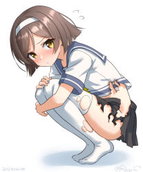 Rule 34 | 1girl, black skirt, brown eyes, brown hair, from side, hairband, kantai collection, miniskirt, neckerchief, no panties, one-hour drawing challenge, pleated skirt, ray.s, school uniform, serafuku, shirt, short hair, skirt, solo, squatting, tanikaze (kancolle), thighhighs, torn clothes, torn shirt, torn skirt, torn thighhighs, white hairband, white thighhighs, yellow neckerchief