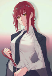 black_coat braid braided_ponytail chain chainsaw_man coat coat_on_shoulders collar grey_background highres leash light_smile looking_at_viewer lucidsky makima_(chainsaw_man) necktie office_lady red_collar red_hair ringed_eyes shirt solo tagme white_shirt