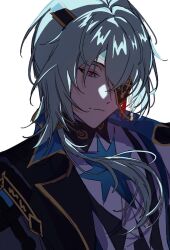 1boy anaxa_(honkai:_star_rail) black_jacket blue_eyes closed_mouth eyepatch half-closed_eyes highres honkai:_star_rail honkai_(series) jacket looking_at_viewer male_focus medium_hair one_eye_covered oull simple_background solo upper_body white_background