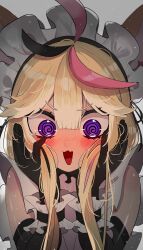 1girl @_@ alternate_costume animal_ears black_gloves black_hair blonde_hair blunt_bangs blush commentary double-parted_bangs elbow_gloves embarrassed fang fox_ears fox_girl frilled_wrist_cuffs frills gloves grey_background hair_between_eyes hands_on_own_cheeks hands_on_own_face highres hololive long_hair looking_down maid_day maid_headdress multicolored_hair omaru_polka open_mouth pink_hair portrait purple_eyes simple_background skin_fang solo streaked_hair virtual_youtuber wrist_cuffs yuuppi