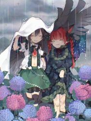 2girls :3 ^_^ animal_ears arm_up black_bow black_hair black_ribbon black_thighhighs black_wings blunt_bangs bow braid cape cat_ears cat_girl center_frills closed_eyes closed_mouth cloud collared_shirt commentary_request double-parted_bangs dress extra_ears flower frills green_dress green_skirt hair_between_eyes hair_bow hydrangea improvised_umbrella kaenbyou_rin leg_ribbon long_hair multiple_girls navel neck_ribbon open_clothes open_shirt outdoors overcast pink_flower pointy_ears puffy_short_sleeves puffy_sleeves purple_flower red_hair red_ribbon reiuji_utsuho ribbon shielding shirt short_sleeves signature skirt sky smile starry_sky_print thighhighs third_eye touhou toutenkou twin_braids twitter_username two-sided_cape two-sided_fabric umbrella very_long_hair watermark white_cape white_shirt wings