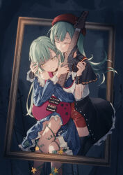 2girls absurdres bang_dream! bang_dream!_it&#039;s_mygo!!!!! beret can142857 green_hair guitar hat highres instrument jewelry long_hair long_sleeves mortis_(bang_dream!) mortis_(costume)_(bang_dream!) mortis_(persona)_(bang_dream!) multiple_girls red_hat wakaba_mutsumi yellow_eyes
