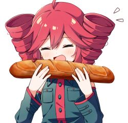 1girl :d baguette bare_shoulders black_shirt black_sleeves blush bread closed_eyes collared_shirt commentary_request commission detached_sleeves drill_hair food haru_(konomi_150) holding holding_food kasane_teto kasane_teto_(utau) open_mouth pixiv_commission red_hair shirt short_hair simple_background sleeveless sleeveless_shirt smile solo twin_drills upper_body utau white_background