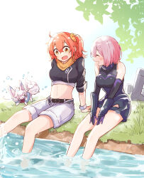 2girls armor bare_shoulders belt belt_buckle black_armor black_belt black_shirt blush buckle closed_eyes commentary creature fate/grand_order fate_(series) fou_(fate) fujimaru_ritsuka_(female) fujimaru_ritsuka_(female)_(true_ether_chaldea_uniform) grass hair_between_eyes hair_ornament hair_scrunchie kak_hac mash_kyrielight mash_kyrielight_(demi-servant) midriff multiple_girls navel official_alternate_costume open_mouth orange_eyes orange_hair partially_submerged pink_hair scarf scrunchie shirt short_hair shorts side_ponytail sitting smile stomach symbol-only_commentary water white_shorts yellow_scarf yellow_scrunchie