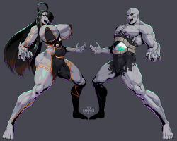 Rule 34 | 1boy, 1girl, 2022, artist name, bald, black hair, black sclera, breasts, colored sclera, colored skin, commentary, dated, english commentary, female seth (street fighter), green eyes, grey background, huge breasts, long hair, muscular, muscular male, open mouth, orange eyes, rampage (leedash2), seth (street fighter), simple background, street fighter, street fighter iv (series), street fighter v, toned, toned female, yin yang