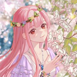 1girl artist_request bead_bracelet bead_necklace beads blue_sky blunt_bangs bracelet brown_eyes bug butterfly butterfly_necklace cherry_blossoms chinese_commentary closed_mouth collarbone commentary_request day dress eyelashes flower flower_bracelet frilled_sleeves frills hand_up head_wreath highres insect jewelry leaf light_blush light_particles lipstick long_hair long_sidelocks looking_at_viewer makeup multiple_bracelets necklace nikki_(nikki) nikki_(series) nikki_up2u2:_world_traveller outdoors pink_flower pink_hair pink_lips pink_pupils pink_rose purple_flower purple_rose purple_sleeves rose second-party_source short_sleeves sidelocks sky smelling smelling_flower smile solo spring_(season) spring_waltz_(shining_nikki) straight_hair tree upper_body very_long_hair white_dress white_flower white_rose yellow_flower yellow_rose