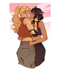 2girls animal_ears black_hair blake_belladonna blonde_hair blush brown_pants cat_ears closed_eyes commentary dusk freckles grey_pants hand_on_another&#039;s_waist kiss lesly_oh long_hair multiple_girls muscular muscular_female outdoors pants ponytail purple_sports_bra red_tank_top rwby scar scar_on_stomach sports_bra symbol-only_commentary tank_top white_background yang_xiao_long yuri