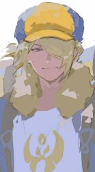 Rule 34 | 1boy, blonde hair, newsboy cap, closed mouth, commentary request, dot nose, fur trim, ginkgo guild uniform, grey eyes, hair behind ear, hair over one eye, hat, korean commentary, looking down, male focus, multicolored hat, nintendo, pokemon, pokemon legends: arceus, smile, solo, unfinished, upper body, volo (pokemon), white background, yarr, yellow fur