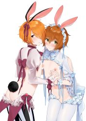 1cuntboy 2boys abs absurdres androgynous ass blush bow bowtie brown_hair butt_crack crossdressing cuntboy cuntboy_with_male frills gnash15 green_eyes hair_bow highres idolmaster idolmaster_side-m interlocked_fingers looking_at_viewer male_focus meme_attire multiple_boys nipples orange_hair parted_lips pussy rabbit_tail revealing_clothes reverse_bunnysuit reverse_newhalf_with_male reverse_outfit simple_background striped_bow striped_bowtie striped_clothes tsukumo_kazuki wakazato_haruna white_background white_legwear yaoi