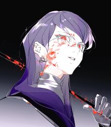 1girl black_background blood blood_on_face blood_splatter bloody_weapon eyelashes female_focus glasses gradient_background highres holding holding_weapon long_hair looking_at_viewer open_mouth purple_hair red_eyes shizuhara_hiruko solo solo_focus teeth the_hundred_line_-last_defense_academy- upper_body weapon white_background