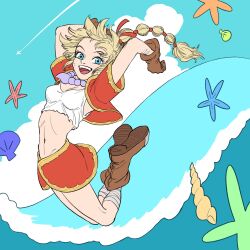 1girl arm_markings arms_behind_head bandaged_leg bandages bead_necklace beads blue_eyes boots breasts brown_boots brown_gloves chrono_cross cleavage cloud contrail crop_top cropped_jacket facial_mark full_body fusso_oekaki gloves gold_trim hair_ribbon highres jacket jewelry jumping kid_(chrono_cross) looking_at_viewer medium_breasts midriff miniskirt multi-tied_hair navel necklace ocean open_mouth ponytail red_jacket red_ribbon red_skirt ribbon seashell shell shirt short_hair_with_long_locks short_sleeves skirt sleeveless sleeveless_shirt smile solo starfish torn_clothes torn_shirt waving white_shirt