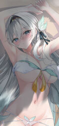 1girl absurdres aqua_eyes arm_above_head armpits bikini black_hairband blush breasts bug cleavage commentary_request firefly firefly_(honkai:_star_rail) gradient_eyes green_bikini hair_between_eyes hair_ornament hair_over_shoulder hairband highres honkai:_star_rail honkai_(series) insect kooemong large_breasts looking_at_viewer lying micro_bikini multi-strapped_bikini_bottom multicolored_eyes navel on_back parted_lips purple_eyes shadow sidelocks solo stomach swimsuit topless_female unworn_bikini unworn_bikini_top upper_body white_bikini white_hair