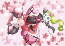 3girls :d aqua_eyes artist_name black_dress black_skin blue_flower blush bouquet closed_eyes colored_skin creatures_(company) crystal_hair diancie dress floral_background flower forehead_jewel game_freak gen_5_pokemon gen_6_pokemon gen_7_pokemon green_hair grey_skin hair_flower hair_ornament hat headset highres holding holding_bouquet legendary_pokemon long_hair looking_at_another meloetta meloetta_(aria) multiple_girls mythical_pokemon nintendo no_feet open_mouth pink_background pink_eyes pink_flower pink_hair pink_headwear pokemon pokemon_(creature) rock saki_pokeoekaki sidelocks smile strapless tapu_lele tube_top very_long_hair white_dress white_skin white_tube_top yellow_flower