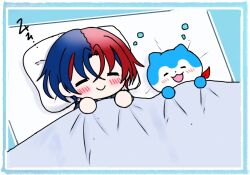 0drayveer8rlihn 1boy 1other blue_fur blue_hair crossed_bangs fire_emblem fire_emblem_engage male_alear_(fire_emblem) multicolored_hair nintendo on_bed pillow red_hair sleeping sommie_(fire_emblem) split-color_hair two-tone_fur two-tone_hair white_fur zzz