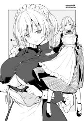 1girl apron artist_name breasts clenched_teeth closed_mouth commentary_request dated full_body grey_background grin heart high_heels highres kichihachi large_breasts long_hair looking_at_viewer maid maid_apron maid_headdress multiple_views original paizuri_invitation projected_inset shirt shoes smile sweat teeth two-tone_background two_side_up underboob white_background