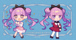Rule 34 | + +, 1girl, :d, alternate costume, black bow, black sailor collar, black shoes, blue background, blush, bow, bowtie, bright pupils, character name, double bun, dress, dual persona, footwear bow, hair bun, hand on own arm, heart, highres, inset border, kiyor, long hair, multiple views, open mouth, pink bow, pink dress, pink hair, puff of air, purple eyes, red serafuku, red skirt, sailor collar, school uniform, serafuku, shoes, skirt, smile, sparkle, the hundred line -last defense academy-, tsukumo kako, twintails, twitter username, two-tone dress, white bow, white bowtie, white dress, white pupils