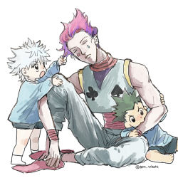 3boys babysitter bad_id bad_pixiv_id biting child gon_freecss grabbing_another&#039;s_hair green_hair highres hisoka_morow hunter_x_hunter killua_zoldyck male_focus multiple_boys open_mouth red_hair tired torohiko white_hair