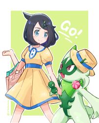 Rule 34 | 1girl, bag, black hair, blue eyes, border, closed mouth, commentary request, cowlick, dress, floragato, green background, green bag, hair ornament, hairclip, hand up, hat, highres, holding another&#039;s arm, light blush, liko (pokemon), looking down, medium hair, nintendo, outside border, pink bag, pokemon, pokemon (anime), pokemon (creature), pokemon horizons, shopping bag, short sleeves, smile, swept bangs, white border, yellow dress, yellow hat, yibuzhai