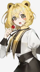 1girl :o absurdres animal_ears bear_ears black_ribbon black_skirt blonde_hair blush_stickers candy commentary cowboy_shot food hair_between_eyes highres holding holding_candy holding_food holding_lollipop juliet_sleeves lollipop long_sleeves looking_at_viewer nanagom neck_ribbon open_mouth original puffy_sleeves ribbon shirt short_hair simple_background skirt solo white_background white_shirt yellow_eyes