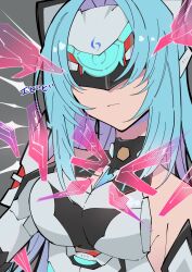 1girl bare_shoulders blue_hair breasts covered_eyes evi_fly0527 grey_background highres kos-mos kos-mos_re: long_hair medium_breasts simple_background solo sound_effects upper_body xenoblade_chronicles_(series) xenoblade_chronicles_2 xenosaga