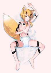 abdl absurdres androgynous animal_ears breasts clean_diaper commission deuman diaper flat_chest fox_ears fox_girl fox_tail heterochromia highres horns legs_apart loli lying navel nipples nude on_back on_bed original phantasy_star phantasy_star_online_2 sarayah stomach tail taimu tattoo thighs underwear underwear_only