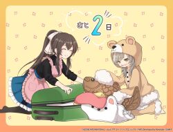 Rule 34 | 2girls, ^ ^, animal-shaped pillow, animal bag, animal ears, animal hood, apron, assault lily, bag, barefoot, bear ears, bear hood, black pantyhose, black shirt, blue skirt, border, bow, breasts, brown bow, brown hair, brown pajamas, brown pants, buttons, closed eyes, closed mouth, commentary request, copyright notice, countdown, fake animal ears, fish-shaped pillow, floral background, foot out of frame, frilled apron, frilled skirt, frills, fur-trimmed pajamas, fur-trimmed pants, fur trim, grey hair, hair bow, hands up, herensuge girls academy school uniform, high-waist skirt, high ponytail, highres, holding, holding pillow, hood, hood up, hooded pajamas, jewelry, kneeling, long hair, long sleeves, looking at object, looking down, medium breasts, miniskirt, multicolored hair, multiple girls, no shoes, official alternate costume, official art, open bag, open mouth, open suitcase, orange border, outside border, pajamas, pants, pantyhose, pillow, pink apron, pocket, ponytail, ring, sasaki ran, school uniform, serizawa chikaru, shirt, skirt, sleeves past fingers, sleeves past wrists, sleeves pushed up, smile, streaked hair, suitcase, very long hair, yellow background, yellow eyes