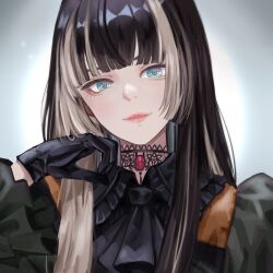 Rule 34 | 1girl, ascot, black ascot, black choker, black gloves, black hair, blue eyes, blunt bangs, brooch, choker, dhbwinner, dress, gem, gloves, gradient background, green dress, highres, hololive, hololive dev is, jewelry, juufuutei raden, juufuutei raden (1st costume), lace, lace choker, long hair, looking at viewer, multicolored eyes, multicolored hair, pink lips, portrait, red gemstone, solo, streaked hair, two-tone dress, virtual youtuber, white streaks