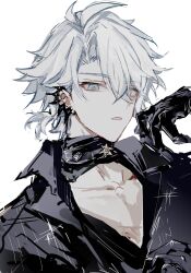 1boy antenna_hair black_choker black_gloves black_shirt blue_eyes choker collared_shirt earclip gloves half_gloves hand_up highres honkai:_star_rail honkai_(series) looking_at_viewer male_focus mulihaohao official_alternate_costume parted_bangs parted_lips pectoral_cleavage pectorals phainon_(fashion)_(honkai:_star_rail) phainon_(honkai:_star_rail) ponytail shirt short_hair simple_background sketch solo upper_body white_background white_hair