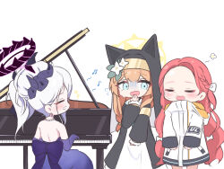 3girls back black_halo blonde_hair blue_archive blue_eyes blush demon_girl demon_horns dress gloves grand_piano halo highres hina_(blue_archive) hina_(dress)_(blue_archive) horns instrument karupa_(karupapon) long_hair mari_(blue_archive) multiple_girls music piano playing_instrument playing_piano purple_dress purple_gloves red_hair simple_background sitting sleeping smile standing white_background white_hair yellow_halo yuzu_(blue_archive)