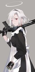 1girl absurdres apron arm_tattoo between_fingers black_dress black_gloves commentary_request dress earclip from_side gloves grey_background gun halo highres holding holding_gun holding_weapon looking_at_viewer looking_back maid_apron mole mole_under_mouth original over_shoulder red_eyes shell_casing short_hair shotgun simple_background solo tattoo toriko_(honmono) weapon weapon_over_shoulder white_hair white_halo