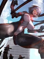 1girl absurdres bar_censor blue_sky blush bodysuit breasts building censored clenched_hands cloud colossus_(natsukaze_shigure) covered_erect_nipples covered_navel day energy_drain from_below giant giantess glowing green_eyes grey_hair headgear hexagon_print highres imminent_penetration impossible_bodysuit impossible_clothes large_breasts magical_girl natsukaze_shigure open_mouth original outdoors peril pussy_juice restrained short_hair skin_tight sky solo tentacle_sex tentacles variant_set