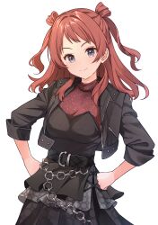 1girl absurdres b1ack_illust belt belted_skirt black_belt black_corset black_jacket black_pearl black_skirt blue_eyes blush breasts brown_hair chain clenched_hands commission corset cowboy_shot double_bun eyelashes gakuen_idolmaster hair_bun hanami_saki hands_on_own_hips highres idolmaster jacket jewelry layered_skirt long_hair long_sleeves looking_at_viewer medium_breasts necklace pearl_necklace pixiv_commission red_shirt shirt sidelocks skirt smile solo twintails white_background