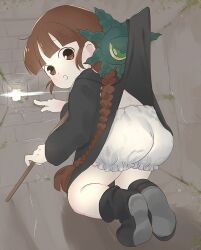 1girl accidental_exposure black_robe black_shoes bloomers blush braid brown_eyes brown_hair holding holding_staff kneeling kojijima kukuri_(mahoujin_guruguru) loli long_hair long_sleeves mahoujin_guruguru pointing pointing_forward robe shoes solo staff twin_braids underwear