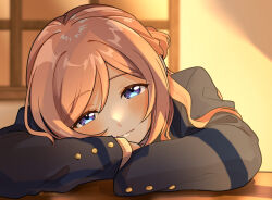 Rule 34 | 1girl, arm rest, bafarin, black jacket, blazer, blue eyes, blush, brown hair, commentary request, gakuen idolmaster, head rest, highres, himesaki rinami, idolmaster, indoors, jacket, light smile, looking at viewer, smile, solo, twitter username