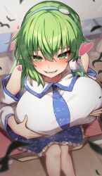 1girl absurdres bare_shoulders blue_skirt blush breasts detached_sleeves frills frog_hair_ornament from_above giant giantess grabbing_own_breast green_eyes green_hair hair_between_eyes hair_ornament hair_tubes hairband heart highres huge_breasts kochiya_sanae long_hair lower_teeth_only open_mouth shirt single_hair_tube skirt smile solo teeth touhou white_shirt yosshy