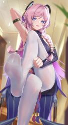 1girl absurdres armpits blue_eyes citlali_(genshin_impact) crossed_legs feet genshin_impact highres long_hair looking_at_viewer open_mouth pantyhose pink_hair soles toes white_pantyhose ylic