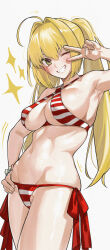 1girl absurdres ahoge armpits bikini blonde_hair blush breasts cleavage fate/grand_order fate_(series) green_eyes grin groin hair_intakes halterneck hand_on_own_hip highres kamisato_sora large_breasts navel nero_claudius_(fate) nero_claudius_(swimsuit_caster)_(fate) one_eye_closed red_bikini side-tie_bikini_bottom sideboob simple_background smile solo stomach striped_bikini striped_clothes swimsuit thighs twintails underboob v v_over_eye white_background wink