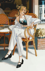 1girl black_hair blonde_hair breasts coat formal_clothes green_lips halterneck high-waist_pants highres jojo_no_kimyou_na_bouken kuujou_jolyne medium_breasts multicolored_hair open_clothes open_coat pants platform_shoes sitting solo two-tone_hair weibo_7115501297 white_coat white_pants