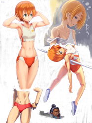 1boy 1girl :3 adjusting_buruma adjusting_clothes apex_legends arms_up ass bare_arms bare_legs breasts buruma buruma_pull closed_mouth clothes_pull collarbone crossover dark-skinned_male dark_skin gibraltar_(apex_legends) hair_bun hands_on_own_head high_jump highres horizontal_bar hoshizora_rin love_live! love_live!_school_idol_project midriff multiple_views navel orange_buruma orange_hair parted_lips shoes short_hair single_hair_bun sports_bra standing track_and_field yachi_(fujiyasu0616) yellow_eyes