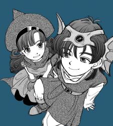 1boy 1girl absurdres alena_(dq4) blue_background boots cape dragon_quest dragon_quest_iv dress greyscale_with_colored_background hat hero_(dq4) highres long_hair looking_at_another okita_(sukult_4) pantyhose sitting smile