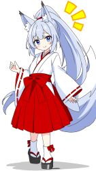 1girl animal_ear_fluff animal_ears black_sandals blue_eyes blue_hair blush closed_mouth commentary_request dot_nose fox_ears fox_girl fox_tail full_body hakama hakama_skirt hand_up highres japanese_clothes kimono kotatsu-mazoku long_hair long_sleeves looking_at_viewer miko notice_lines okobo original platform_sandals ponytail red_skirt ribbon-trimmed_sleeves ribbon_trim sandals sidelocks simple_background skirt smile socks solo standing tabi tail very_long_hair white_background white_kimono white_socks wide_sleeves