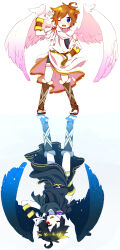2boys ahoge angel angel_wings bike_shorts black_hair blue_eyes brown_hair dark_pit full_body hand_on_own_hip highres kid_icarus kid_icarus_uprising laurel_crown male_focus multiple_boys nintendo one_eye_closed pit_(kid_icarus) red_eyes rotational_symmetry standing tongue tongue_out ukata wings