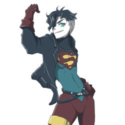 1boy black_hair blue_eyes bodysuit dc_comics gloves jacket kon-el ladama looking_at_viewer male_focus simple_background smile solo superboy superman_(series) young_justice